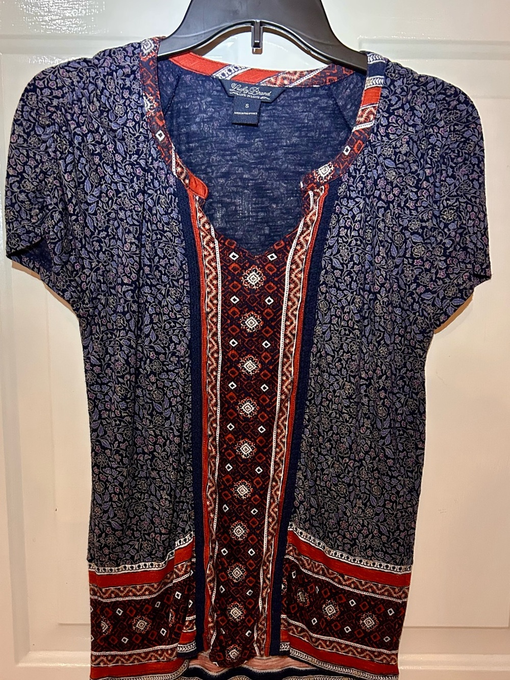 Boho Print Short Sleeve V-Neck Top in Navy and Rust